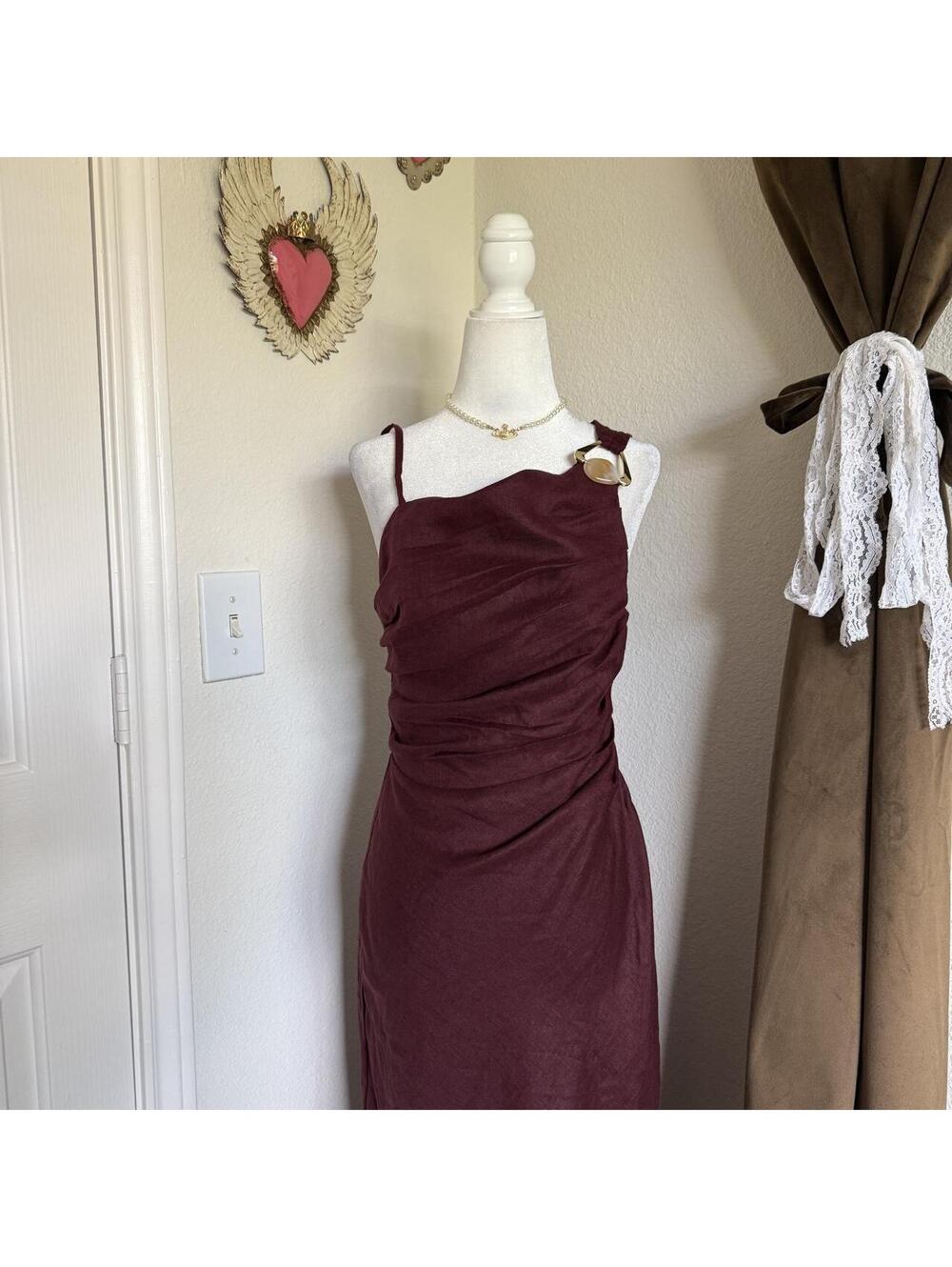 NWT Zara Asymmetric Linen Maxi Dress XS Aubergine Gold Applique 8840/386